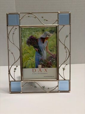 Vintage DAX Silver Wire Scrollwork Picture Frame 4x6 Blue Stained Glass Accents